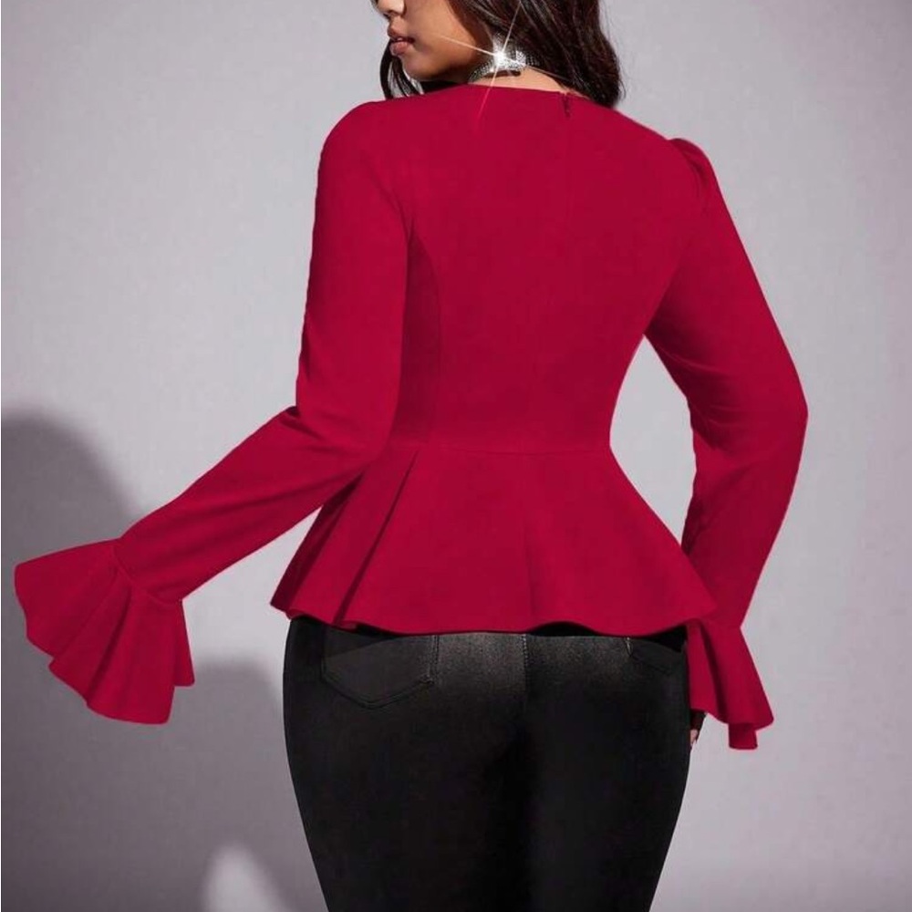 Elegant Long Sleeve Flare Peplum Top Blouse Shirt Green - Picture 4 of 16